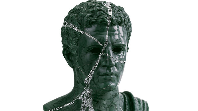 Cracked dark green marble bust of a Roman emperor, isolated on transparent background