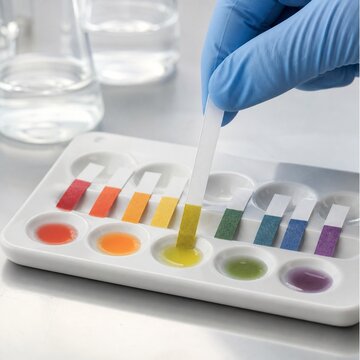 Gloved hand dipping a pH test strip into a yellow liquid in a lab setting