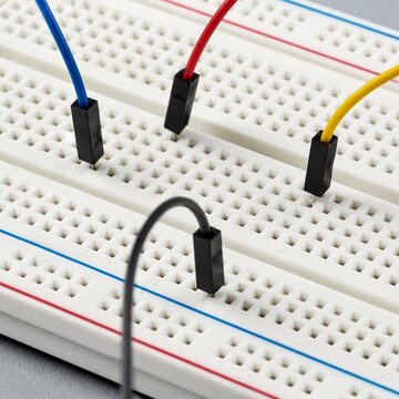 White plastic breadboard with colorful jumper wires plugged in for electronics prototyping