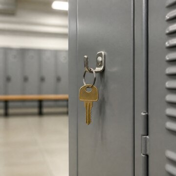 Brass key on a silver keyring hanging from a hook inside a gray metal locker in a locker room