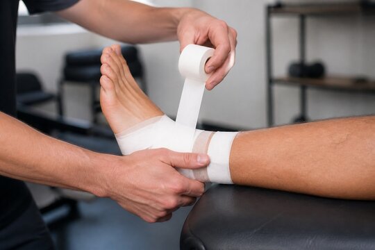 Applying athletic tape to an ankle for support or injury prevention