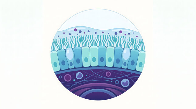 Epithelial tissue illustration showcasing ciliated cells with soft pastel blue and purple tones under bright clean lighting.