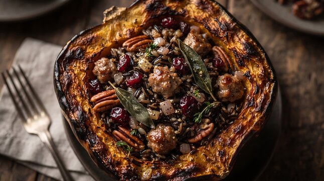 Stuffed Acorn Squash with Wild Rice Sausage Cranberries and Pecans
