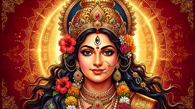Divine goddess durga portrait with traditional ornaments and floral decorations