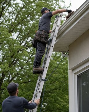 Two men cleaning gutters on a residential house using an extension ladder