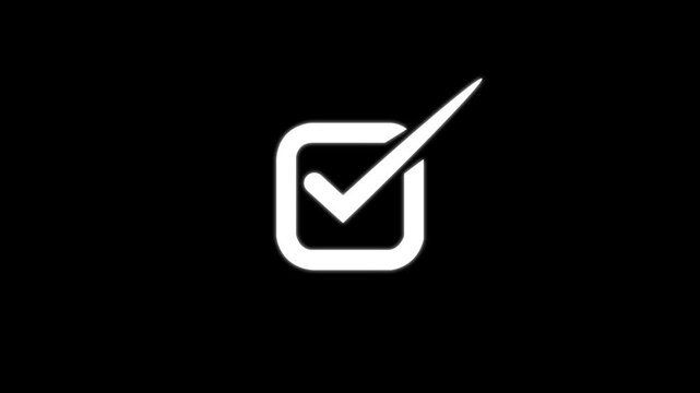 Minimalist white checkmark icon animation on black background, for ui ux, and task completion, tick checkbox