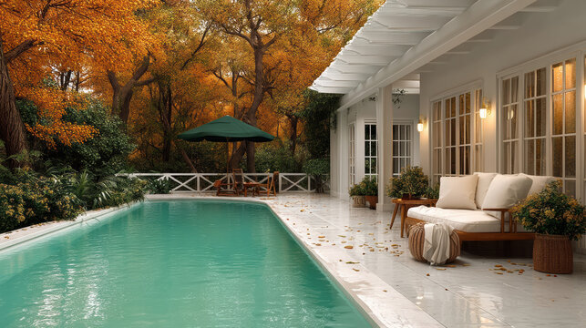 Elegant outdoor pool with white patio, cozy seating, autumn trees, and golden leaves create tranquil seasonal retreat
