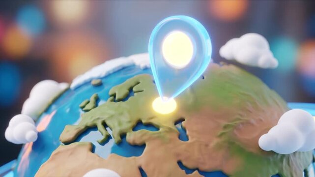 立体的なミニチュア地球儀から光るマップピンへズームする背景映像