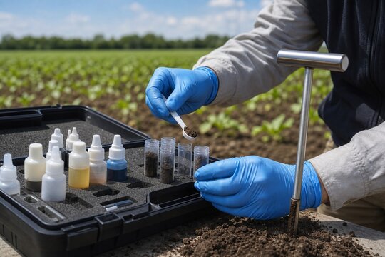 Agronomist testing soil in a field with a soil sample kit