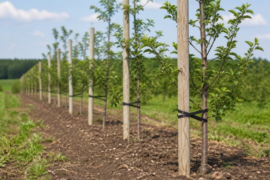 Row of young fruit trees with support stakes in an orchard on a sunny day