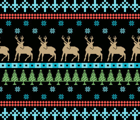 Ugly christmas sweater repeat pattern pixel style with reindeer, pine trees, and snowflakes on a black background. Nordic knit pattern. © เทรเวอร์ ทรี