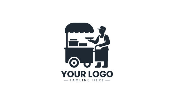 Black Image Vector Logo of Street Food Vendor Cart Silhouette, Local Market Food Truck Graphic Isolated on White Background