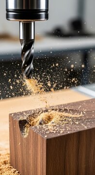Close up of a precise CNC milling bit carving through dark solid timber with dynamic bursts of sawdust and wood shavings in a workshop, flying, material, automated
