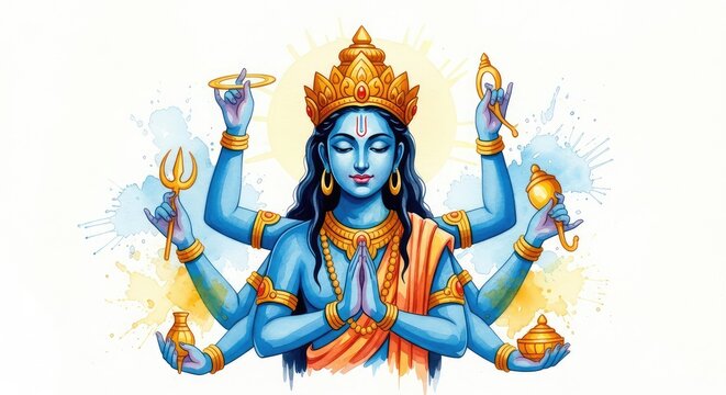 Elegant watercolor painting of a four-armed divine entity with blue skin and a golden crown featuring soft paint splashes on white paper, deity, godlike, grace