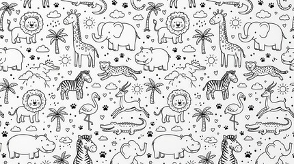 Fototapeta premium Cute Safari Animal Seamless Pattern Doodle Vector Illustration for Kids Coloring Page and Nursery Decor