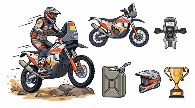 Rally raid motorcycle racing vector design elements featuring a skilled rider and various professional competition accessories