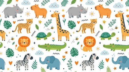 Fototapeta premium Cute Safari Animals Seamless Pattern with Lion, Giraffe, Elephant, Zebra, and Tropical Leaves for Kids Nursery Decor