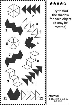 Educational math puzzle. Try to find shadow (may be rotated) for each object. 
