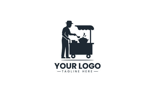 Black Image Vector Logo of Street Food Vendor Cart Silhouette, Local Market Food Truck Graphic Isolated on White Background