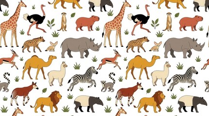 Fototapeta premium Seamless Pattern with African and Exotic Animals Including Lion Giraffe Zebra Rhino and Camel for Kids Fabric Design