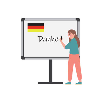 Teacher Writing German Word Danke on Whiteboard Vector Illustration.

