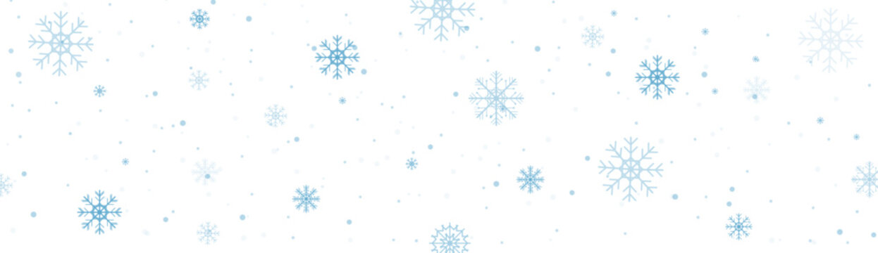 Christmas Winter Background with Blue Falling Snowflakes in Different Sizes on Clean White Background