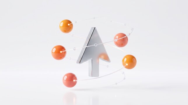 Abstract 3D illustration featuring a metallic silver arrow pointing upwards surrounded by orbiting orange spheres connected by thin lines, symbolizing global networking
