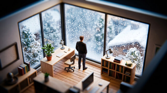 Man Looking at Snow Falling Through Window in Miniature Office Model