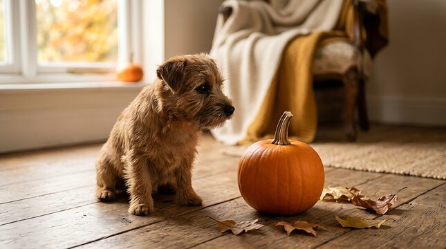 Small scruffy dog sits on wooden floor near large orange pumpkin now.