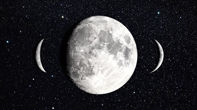 Celestial moon phases showing waxing and waning illumination in deep space with faint stars
