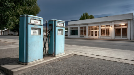 Plakat Old blue gas pump vintage fuel station small town empty street nostalgic retro architecture peaceful evening rural America