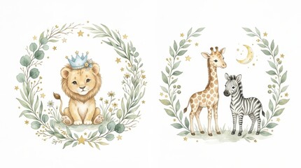 Fototapeta premium Watercolor Baby Safari Animals Set with Cute Lion, Giraffe, and Zebra in Floral Wreaths for Nursery Decor