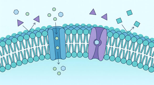 Cell membrane barrier displaying pastel blue lipids and purple transport proteins filtering geometric chemical shapes under soft light.