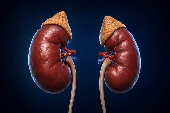 Paired human kidneys with adrenal glands and ureters
