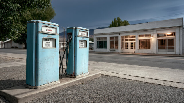Old blue gas pump vintage fuel station small town empty street nostalgic retro architecture peaceful evening rural America