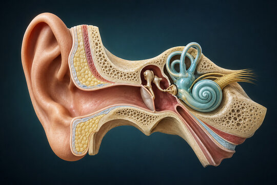 Human ear anatomy with cochlea and inner ear cutaway