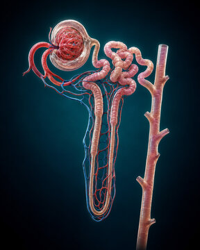 Human kidney nephron anatomy with glomerulus and tubules
