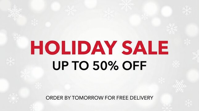 Holiday sale banner with red text and snowflake background promoting discounts and free delivery options
