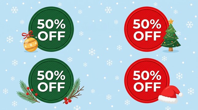 Festive sale banners with fifty percent off text and winter holiday decorations on a light blue background