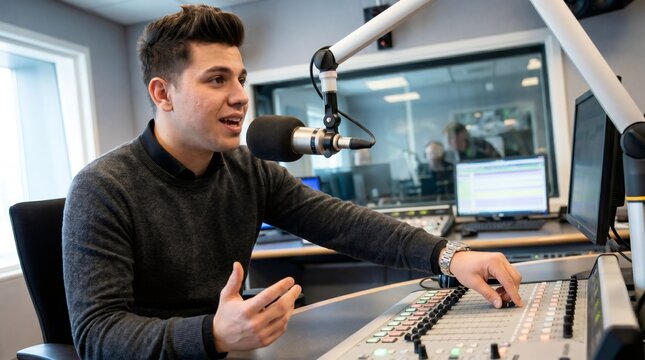 Enthusiastic radio host adjusting mixer fader while speaking into studio microphone