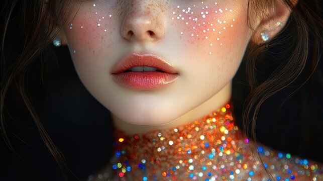 Close up portrait of a young woman with creative glitter makeup and sparkling skin texture
