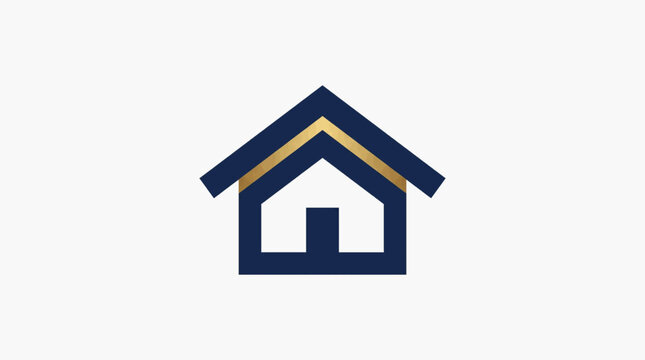 Simple minimalist house logo with navy blue outline and gold roof detail. Classic home icon with door in center. Ideal for real estate agent, property developer, and home service branding. Clean flat 
