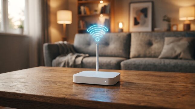 Modern WiFi Router on Wooden Table in Cozy Living Room, Wireless Internet Connection, Smart Home Technology, High Speed Network, Broadband Connectivity and Digital Lifestyle