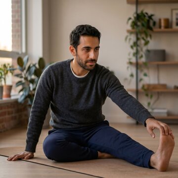 Athletic man stretching hamstrings and leg on floor mat in apartment for fitness and flexibility