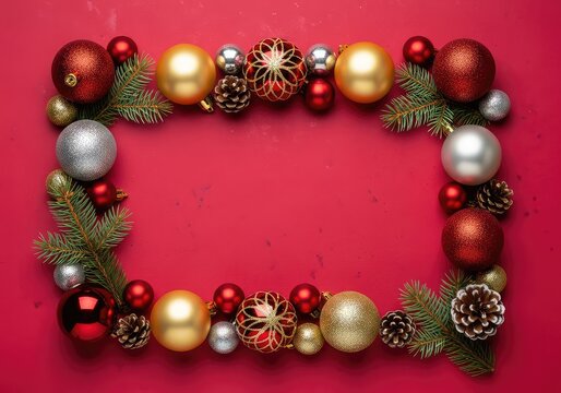Eleganti decorazioni natalizie con palline lucide, pigne naturali e rami di abete disposti su un vibrante sfondo rosso intenso festivo, texture, minimalist, decor