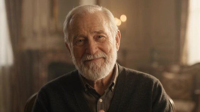 Senior man with white beard smiling at camera in living room