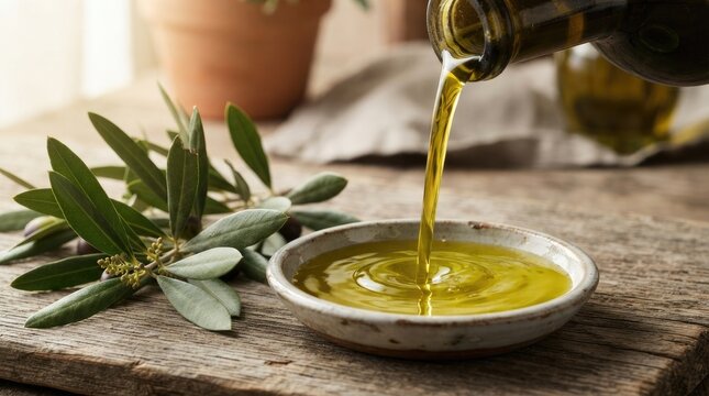 Pouring fresh extra virgin olive oil from bottle into bowl on wooden table