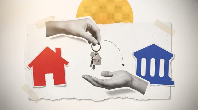 Conceptual real estate transaction illustration with house, bank, and hands exchanging keys, symbolizing mortgage, property ownership, loan agreement, financial institution process flow
