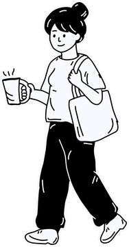 Woman Walking with Coffee and Backpack