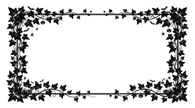 Halloween Gothic frame with bats and spiders, spooky black floral border vector, dark nature vine rectangular frame isolated on White Background Editable Halloween EPS